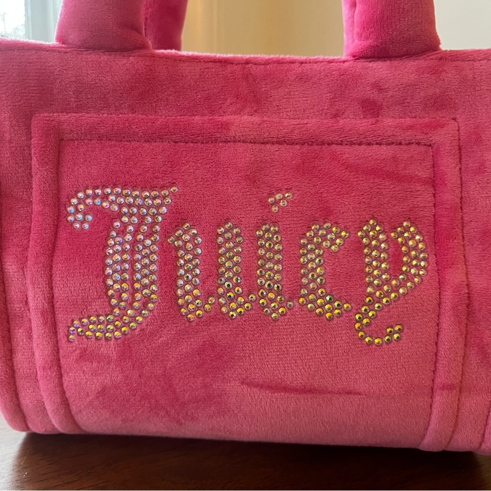 Y2K Hot Pink Juicy Couture Velour Velvet Jewel Stud Rhinestone Branded Plush Bag - Picture 2 of 4